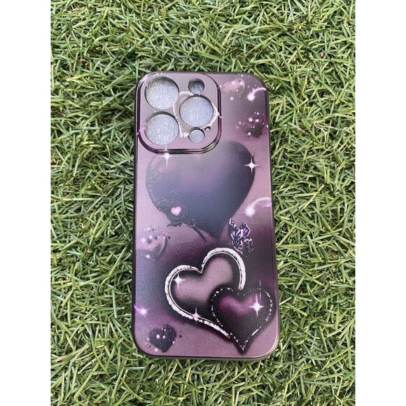 Phone Case Fo iPhone 15 Pro Silicone Case Cover Purple Black Heart Print Fashion - Picture 1 of 8